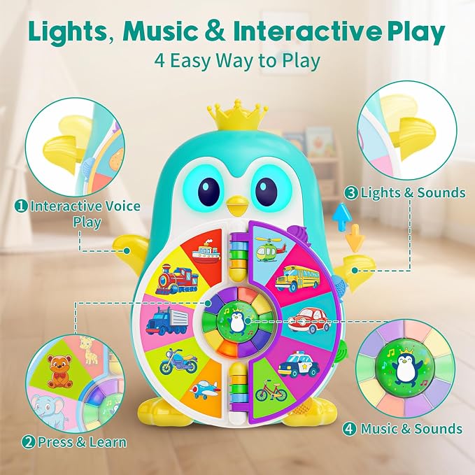 1 Year Old Boy Gifts, Interactive Musical Penguin Toy with Spinning Lights & Sounds,Spanish English Bilingual Talking Learning Toys with 5 Themes & 50 Words, First Birthday Gift for Toddlers 1-3