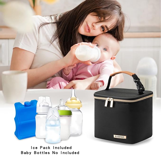 Insulated Bottle Bag with Ice Pack Fits 4 Large Baby Bottles Up to 5 Ounce, Cooler Bag Great for Nursing Mom Daycare-Black