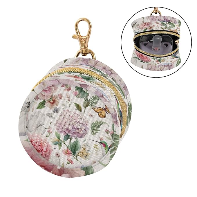 Pacifier Holder with Clip Pacifier Case for Diaper Bag Round Baby Pacifier Pouch Box Bag Portable White Hydrangeas Hummingbirds Butterflies Spring