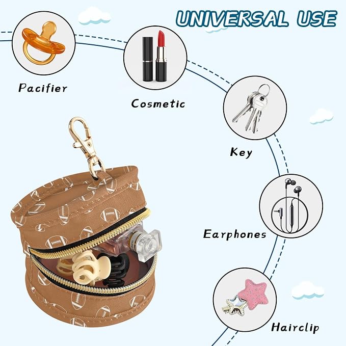 Football Brown Print Pacifier Holder Case with Clip Paci Holder Pacifier Storage Case Container Portable for Diaper Bag Newborn Girl Boy Essentials