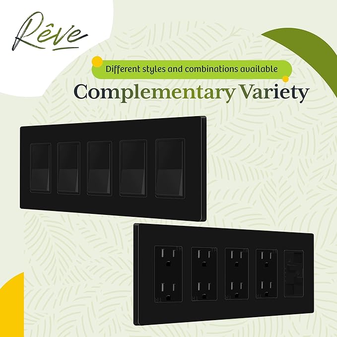 TG Screwless Decorator Wall Plates Child Safe Outlet Covers, Size 5-Gang 4.68" H x 10.14" L, Unbreakable Polycarbonate Thermoplastic, UL Listed, Glossy, Black (1 Pack)