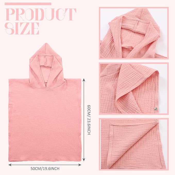 Frienda Muslin Hooded Beach Towel for 0-3 Years Kids Soft Muslin Bath Poncho for Baby Absorbent Fast Drying Blankets for Boys Girls Newborns Toddler Beach Pool Bath Essentials(Pink)
