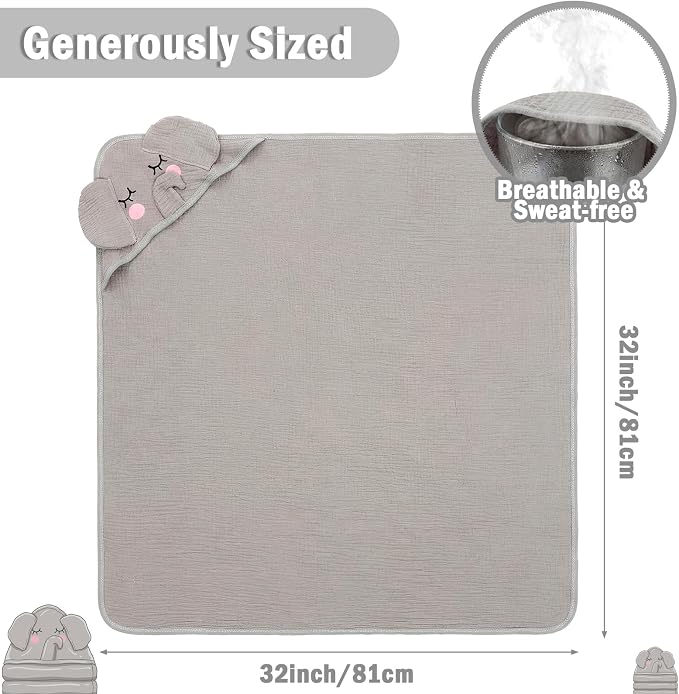 Mindsoft Muslin Hooded Baby Towel 100% Cotton Soft Absorbent Bath Towel with Cute Gray Elephant Design 32 x 32 Inch Muslin Baby Bath Essentials for Boys Babies Infant Toddler Kids