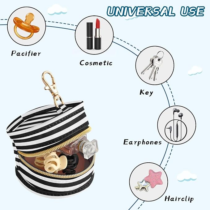 Black White Stripes Print Pacifier Holder Case with Clip Portable Pacifier Storage Bag for Girls Boys