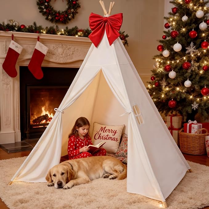 Sumbababy Large Teepee Tent for Kids Indoor - Cotton Canvas Slumber Play Tents for Adults - Foldable Sleepover Tents for Girls Boys Party Gift Toy, White