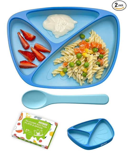 Toddler Suction Plates that Stick & Stay, Platinum Silicone Baby Plates with Suction BPA Free, Silicone Divided Dishes and Spoon Set for Baby Toddler, Deeper Design, Dishwasher Safe