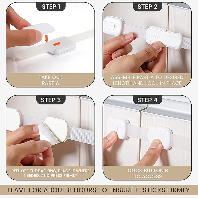 8 Pack Child Safety Cabinet Locks, Adjustable Strap Locks, Baby Proofing, No Drill, Strong 3M Adhesive Safety Latches for Drawers, Fridge, Cupboard, Oven, Toilet Seat, Trash Can (White)
