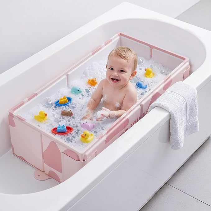 Collapsible Baby Bathtub for Newborn to Toddler, Foldable Toddler Bathtub with Drain Plug, Non-Slip Portable Infant Bath Tub for Travel Storage Outdoor Use, Milky Pink