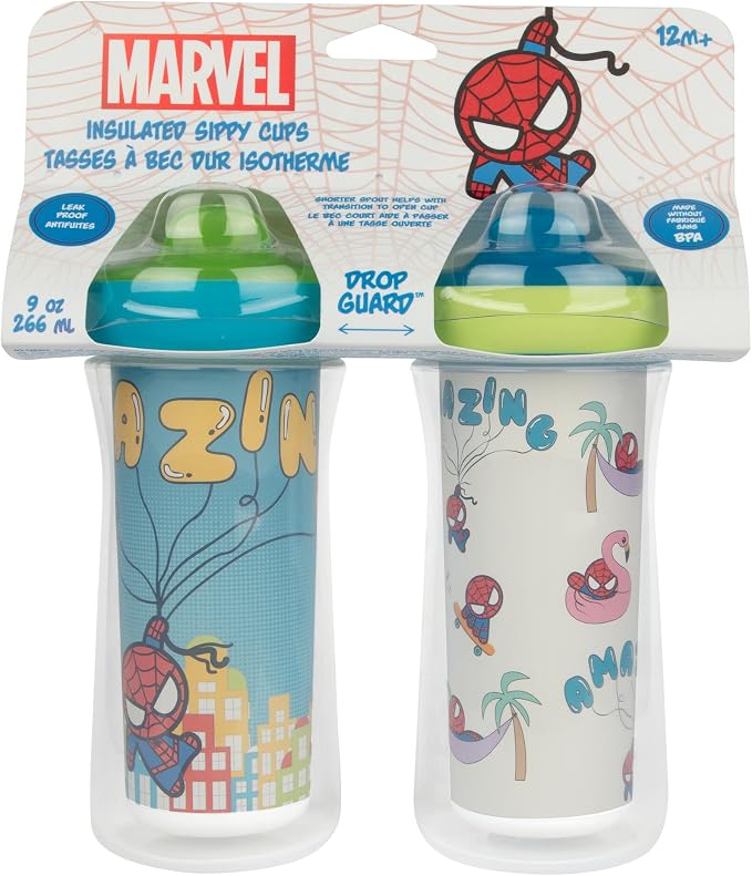 The First Years Marvel Insulated Sippy Cups - Spill Proof Insulated Toddler Cups with Bite-Resistant Hard Spout - 9 Ounces - 2 Count