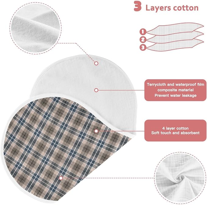 Brown Plaid Checkered Baby Muslin Burp Cloths Set of 1 Geometric Gingham Muslin Washcloths Rustic Patch Milk Spit Up Rags Soft Newborn Towel for Unisex Boys and Girls, 22 x 11 Inch