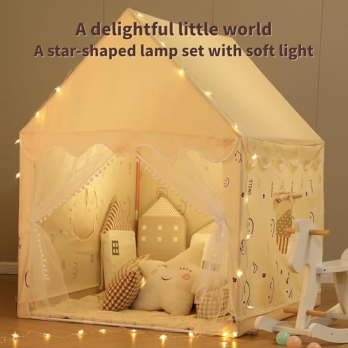 Kids Tent, Indoor & Outdoor Play Tent for Children, Toy House with Smiley Face & Star Lights, Birthday Party Decoration, Playhouse, Unisex, Birthday Present for Kids, Beige