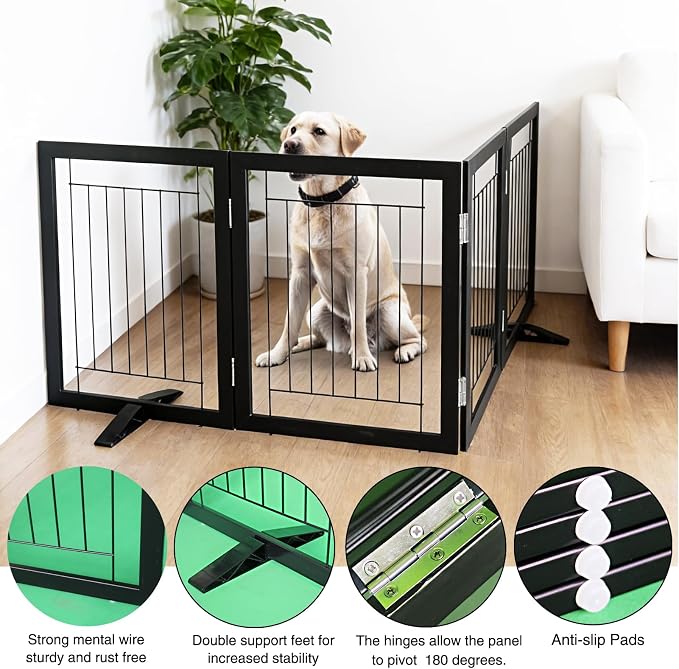 Dog Fence Indoor - 4-Panel Freestanding Dog Gate for Doorways, Hallways, House or Stairs -80x24-Inch Retractable Foldable Expandable Wood Pet by SFJC (Black)