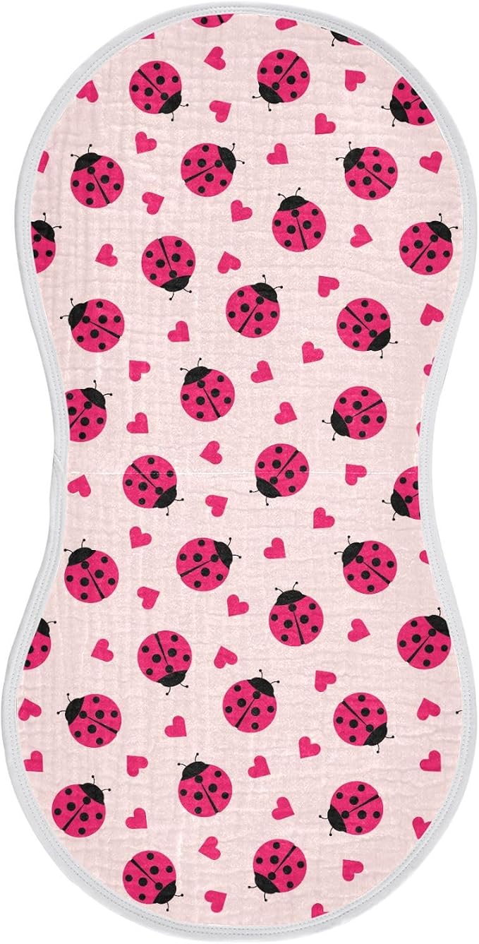 Muslin Baby Burp Cloths Set of 1, Soft Ladybug Hearts Absorbent Muslin Washcloths, Bibs, Face Towel for Newborn Boys Girls, 22 x 11 Inch