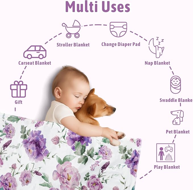 Baby Girl Blanket, Sotf Crib Swaddle Blanket, Dotted Backing, Reversible Bedding Soft Blanket for Newborn, Toddler Girls Boys Gift, 30 x 40 Inch, Purple Floral