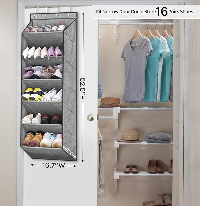 SLEEPING LAMB Shoe Rack for Door with Large Deep Pocket, Over The Door Shoe Organizer for Closet, Dorm and Narrow Hanging Sneaker Storage Holder, Grey