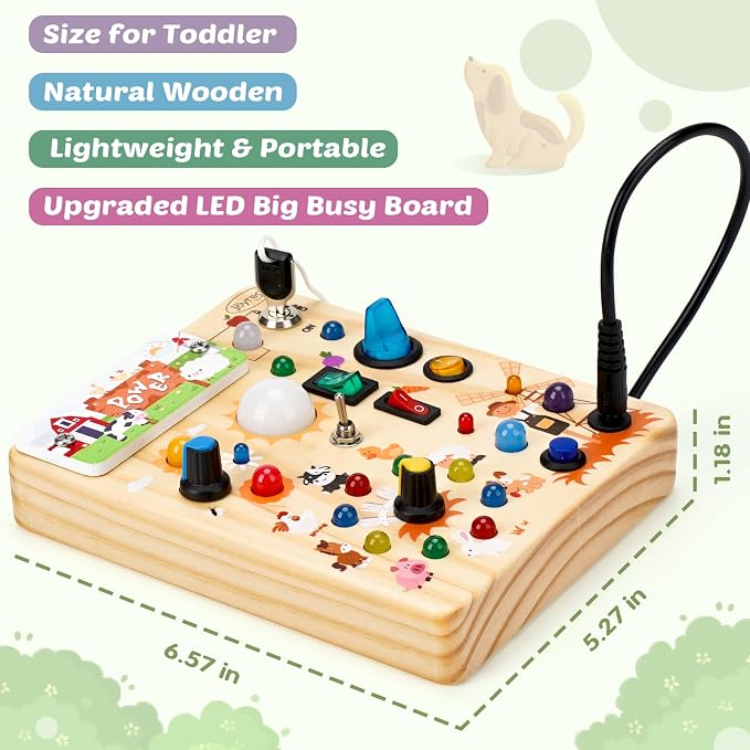 Joyreal Wooden Busy Board with LED Light, Montessori Toddler Toys, Wooden Sensory Board, Toddlers Activity Travel Toys for Boy & Girl Birthday Gift (Farm Theme)