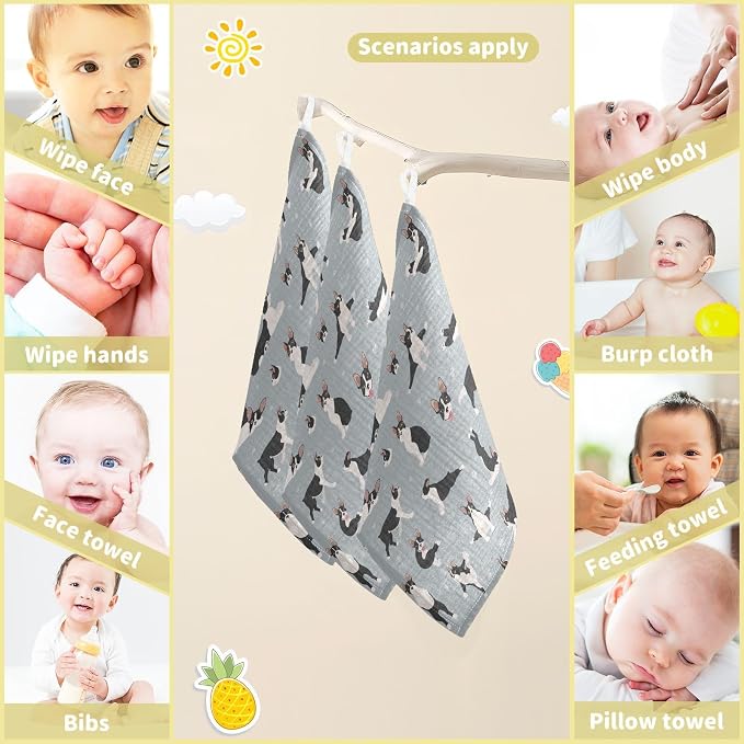 vvfelixl Boston Terrier Baby Burp Cloths Baby Muslin Washcloths for Boys Girls Cotton Baby Face Towel for Newborn Infants Soft and Absorbent 11.8 X 11.8 in, 5 Pack