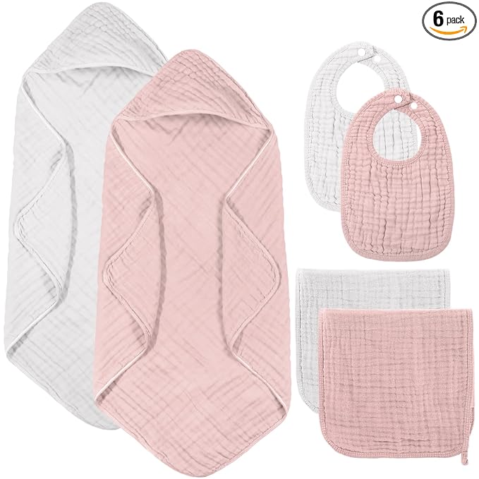 Hahafelt 6 Pcs Muslin Hooded Bath Towels Washcloths and Bibs Set, Muslin Cotton Baby Towels Absorbent Hooded Blanket Towel Infant Bibs for Boys Girls Newborn Infant Essentials(Pink, Light Pink)