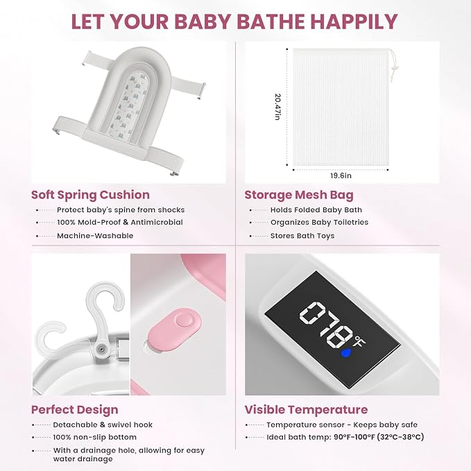 Collapsible Baby Bathtub with Soft Cushion and Thermometer, Newborn to Toddler Tub 0-36 Months with Toy Storage Mesh Bag, Portable Travel Bath for Infants (Pink)