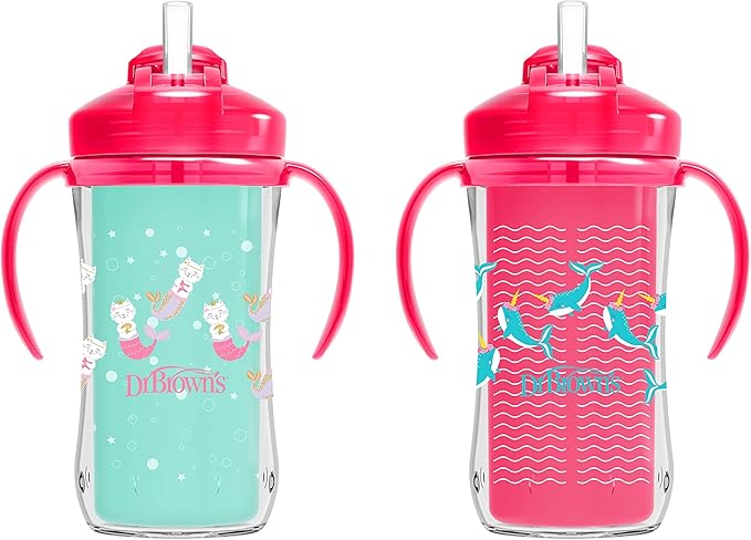 Dr. Brown's Milestones Insulated Sippy Cup with Straw and Handles, Spill-Proof Tumbler with Lid, 2-Pack, Pink, 10 oz/300 mL, BPA Free, 12m+