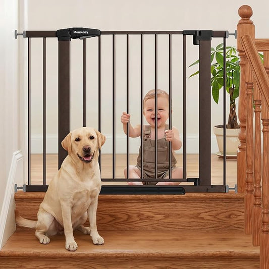 Mumeasy 29.7-40.6" Baby Gate for Stairs, Auto Close Dog Gate for Doorways, Pressure Mounted No Drill Pet Gate with Easy Walk Thru Door, Double Lock, Brown