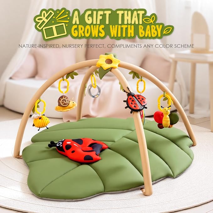 Baby Play Mat,Oversize Leaf Shaped Tummy Time Mat with 7 Detachable Toys-Activity Gym for Visual,Auditory & Motor Development-Washable Baby Activity Mat for 0-18 Month Infants