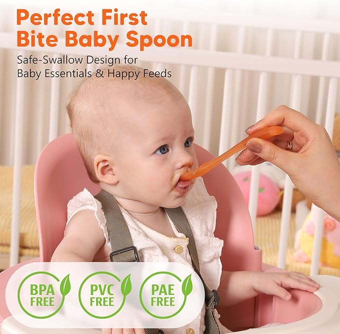 Silicone Baby Spoons 2-Pack with Case, New Born Self Feeding Toddler Spoon, Baby Led Weaning Supplies, Toddler Utensils with Safety Chain, Baby Eating Essentials, Dishwasher Safe