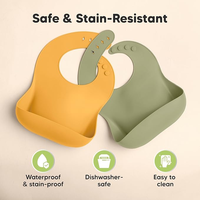KeaBabies 2-Pack Silicone Bibs for Babies, Toddlers Girl, Boy ??Sturdy Food-Grade Baby Bibs for Eating, Large Food Catcher, Clean & Put On Easily, Waterproof Toddler Feeding Essentials (Forest)