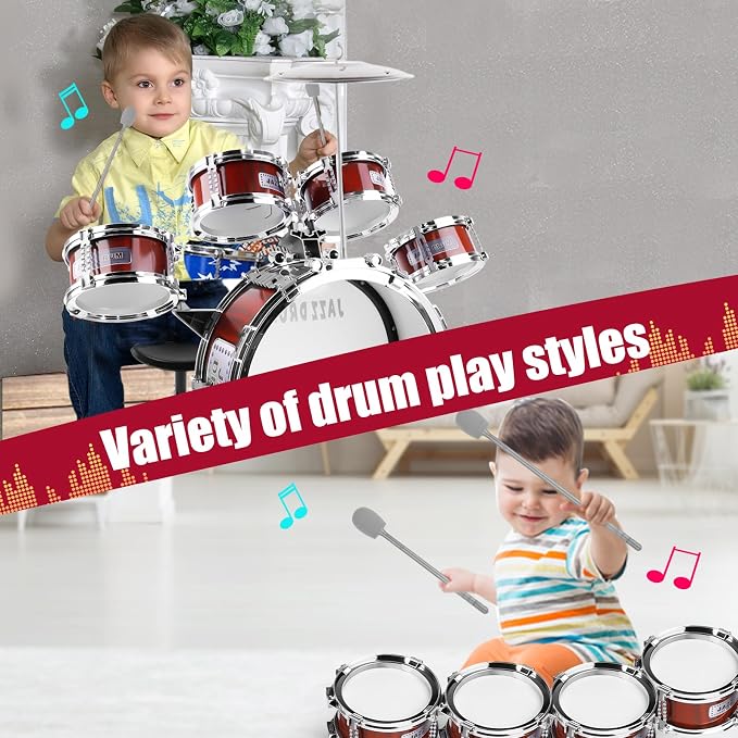 Kids Drum Set for Toddlers 1-3 3-5 - Musical Instruments Toys Drum Kit 9 Pcs with Stool, Birthday Musical Toys for Toddlers 3 4 5 Year Old Boys Girls