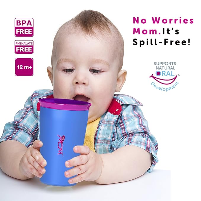 Wow Cup for Kids Original 360 Sippy Cup, Pink with Blue Lid, 9 oz