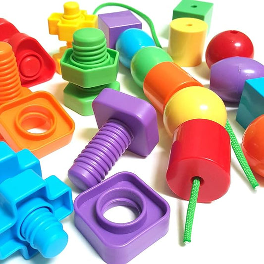 2-in-1 Beads & Bolts Set for Toddlers - Primary Lacing Bead Toy & Jumbo Nuts Fine Motor Skills Twisting Toys with Storage & Learning Activities eBook