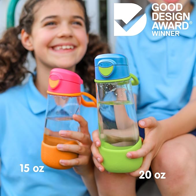 b.box 15oz Sport Spout Kids Water Bottle for School, Sports, Daycare - No-Straw Design for Easy Cleaning - Leakproof - Ergonomic Triangle Grip - Dishwasher Safe, BPA Free, PFAS Free - Lemon Twist
