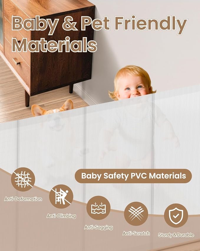55" Retractable Baby Gates, 34" Tall Mesh Baby Gate with 4 Reinforced Rods, Prevents Kids & Dogs from Crawling Under, Retractable Dog Gate for Doorways, Hallways, Indoor/Outdoor, White