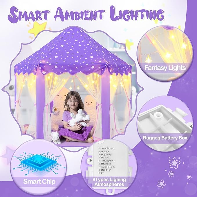 Princess Tent for Girls Age 4-7 with Star Lights, Kids Play Tent for Girls Indoor, Castle Playhouse Tent for Toddlers, Purple Princess Toy Tent 55x53 inch