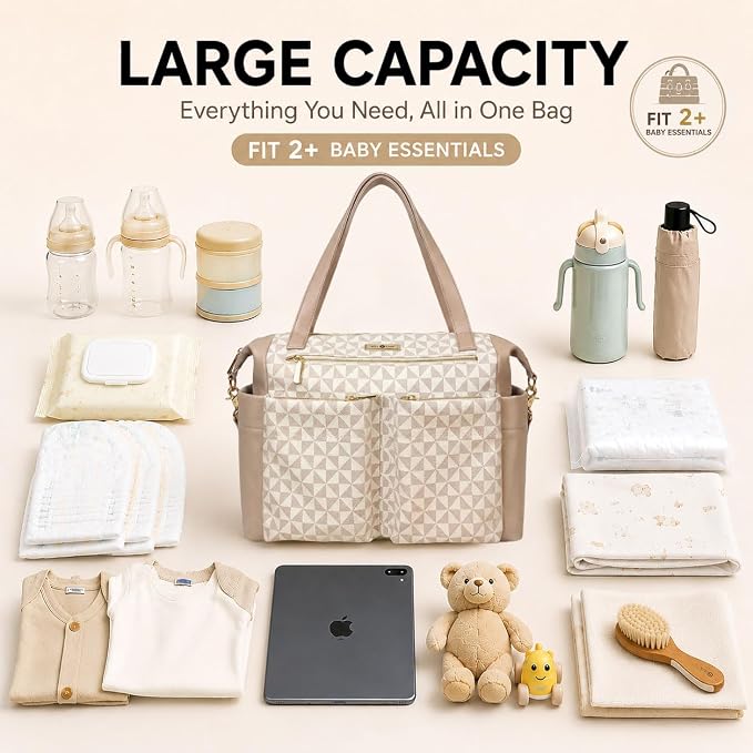 miss fong Checkered Diaper Bag Tote Leather Diaper Bag Backpack Pañaleras Para Bebe with 15 Pockets,Leather Diaper Tote with Diaper Changing Pad, Baby Bag for Moms Mommy Bag for Women -White Checkered