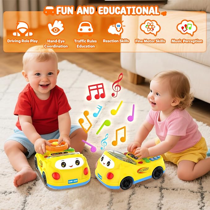 Toys for 1 Year Old Boy Gifts - 2-in-1 Toddler Push Car & Musical Racing Adventure Steering Wheel Driving Game, Interactive Simulated Driving Car for Baby 12-18 Months, Birthday Gift Ages 1-2, Yellow