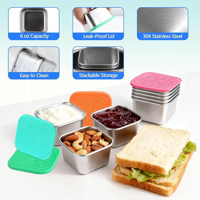 6 Pack Stainless Steel Snack Containers - 6oz Reusable & Small Containers With Lids, 304 Metal Stackable Snack Cups, Lunchable Snack Containers for School, Travel, Picnic