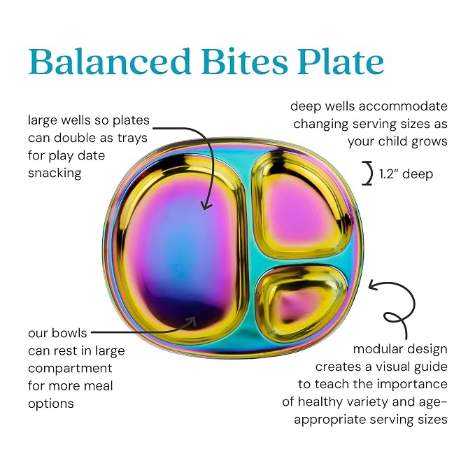 Ahimsa Stainless Steel Kids Plate, Pediatrician Designed Divided Toddler & Baby Plates, Non Toxic, Unbreakable & Dishwasher Safe, Rainbow