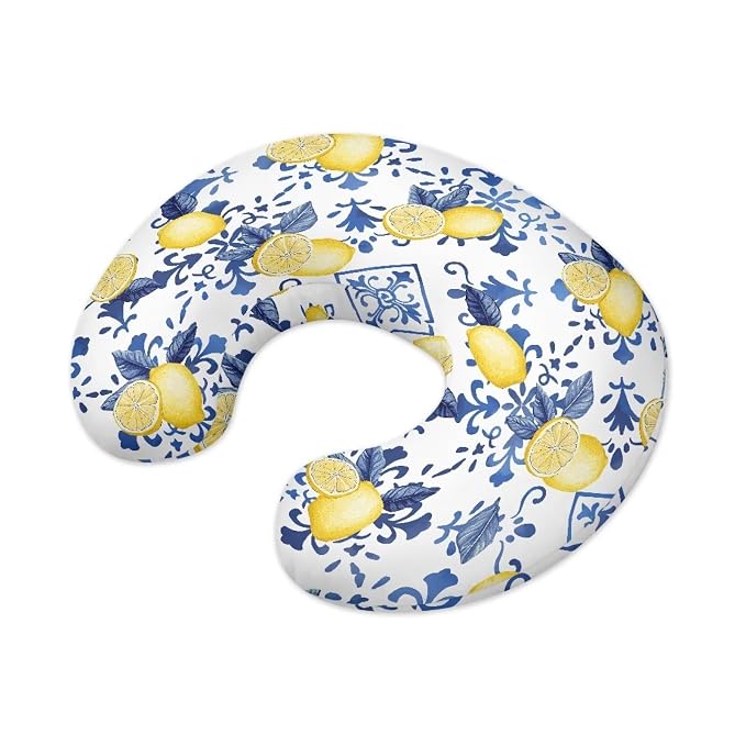 Blue Plaid and Lemon Breastfeeding Pillow Slipcover for Baby Newborn U-Shaped Breastfeeding Pillowcase Cushion Cover Breathable and Washable
