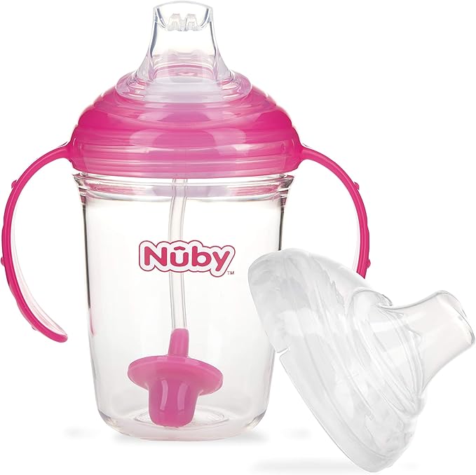 Nuby 360 Grip N' Sip 8oz Tritan Cup, Weighted Straw with Hygienic Cover, Pink