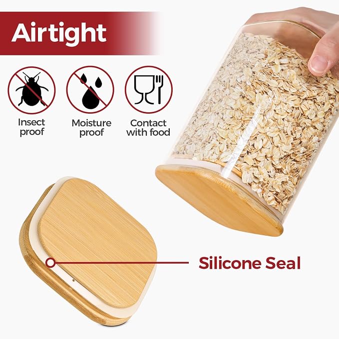 Rectangle Glass Storage Containers with Lids, Glass Jars with Bamboo Lids for Spaghetti, Pasta, Kitchen Pantry Storage Containers (2 pack 2.2qt)