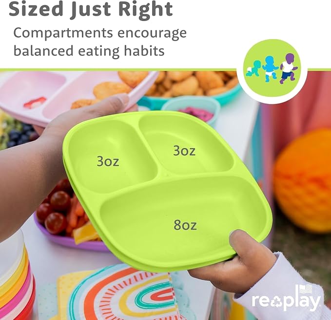 Re-Play Toddler Dinnerware Set - 6 Divided Plates & 6 Snack Bowls for Kids - Durable BPA-Free Plastic Tableware - Dishwasher Safe - Made in USA from Recycled Materials, Sorbet