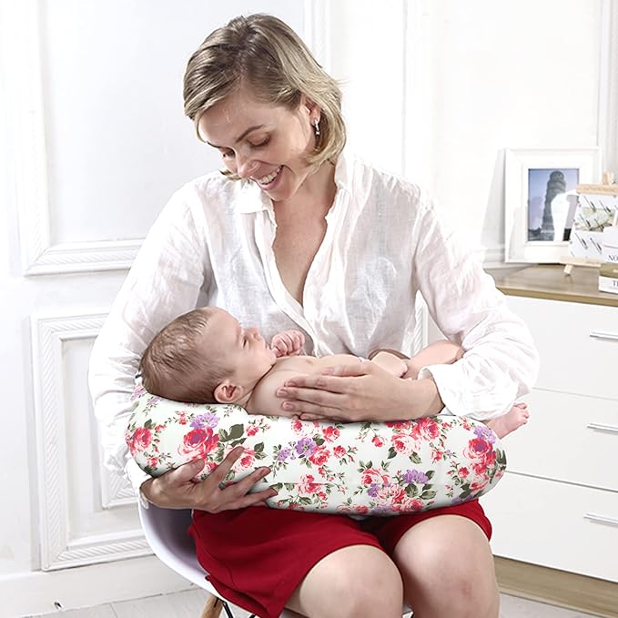 LAT Nursing Pillow for Breastfeeding,100% Cotton Removable Cover,Ergonomic Breast Feeding Pillows for Mom and Baby,Machine Washable(Flower)