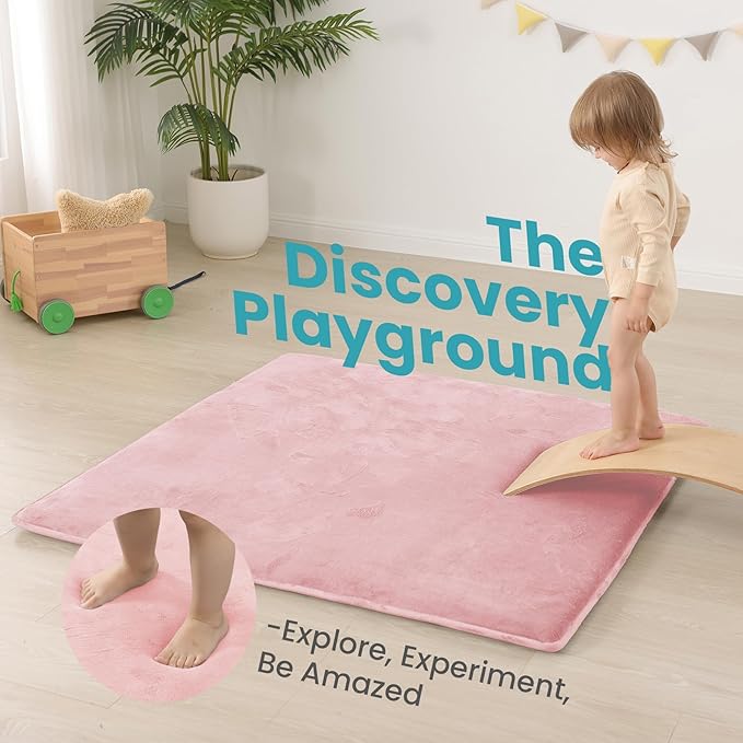 Huloo Sleep Baby Play Mat for Floor,1.3" Thick Elasti-Foam 47"×47" Playpen Mat for Tummy Time,Water Repellent Soft Coral Velvet for Toddler,Infant,Kids,Non-Slip Backing Safe for Crawling（Pink）