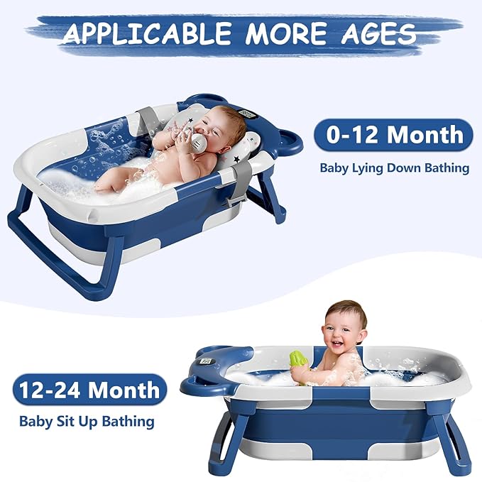 MoreFeel Collapsible Baby Bathtub for Newborn with Thermometer & 1 Soft Floating Cushion & 1 Bath Net,Portable Travel Bathtub with Drain Hole, Durable Foldable Baby Tubs for Infants to Toddler