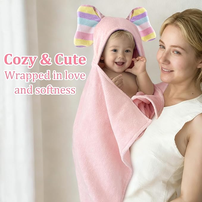 VOOVA & MOVAS Cute Elephant Ears Hooded Towel for Baby ??100% Cotton, 420GSM, Thick & Super Absorbent ??33" x 31.5", Pink ??for 0??8 Months ??Large Towel for Newborn, Toddler, Infant, Essential