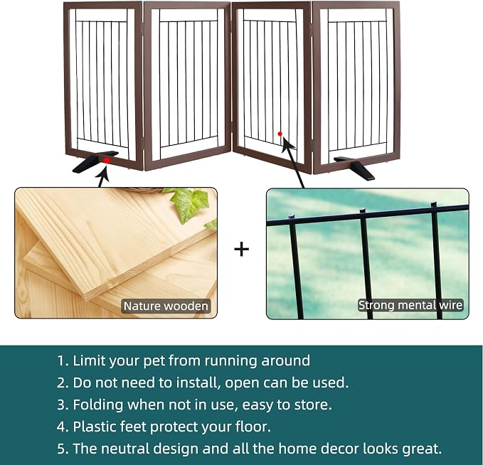 Dog Fence Indoor - 4-Panel Freestanding Dog Gate for Doorways, Hallways, House or Stairs -80x32-Inch Retractable Foldable Expandable Wood Pet by SFJC (Brown)