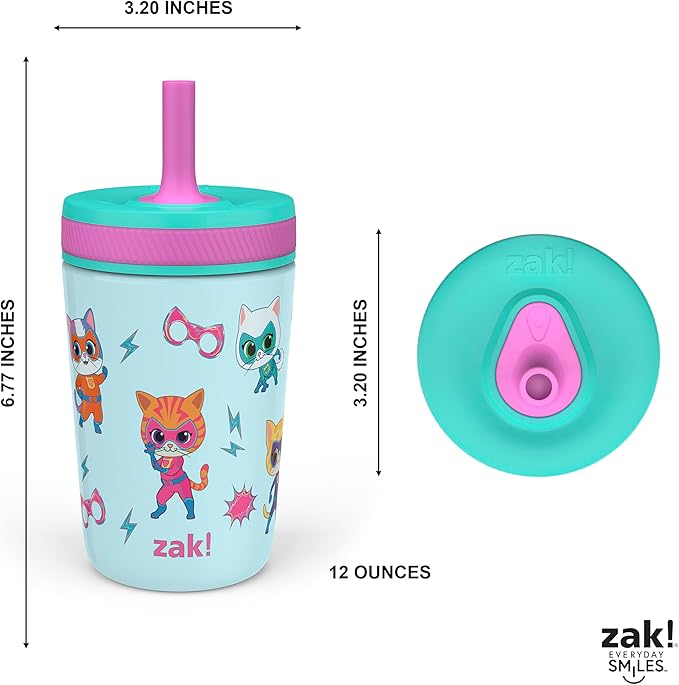 Zak Designs SuperKitties Kelso Toddler Cups For Travel or At Home, 12oz Vacuum Insulated Stainless Steel Sippy Cup With Leak-Proof Design is Perfect For Kids (Ginny, Sparks, Buddy, Bitsy)