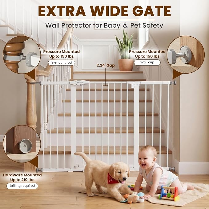 Mumeasy 36" Extra Tall Baby Gate for Stairs, 29.7-54.2" Wide Dog Gate for Doorways, Walk Thru Pet Safety Gate for Indoor, Pressure Mounted with Auto Close, Easy Install No Drill for Toddlers, White