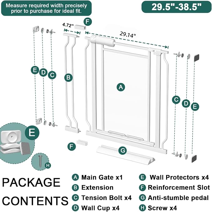 Triple-Lock Acrylic Baby Gate 29.5"-38.5", Crystal Clear Transparent Pet Gate for Dogs, Heavy Duty Metal Gate for Doorways, Pressure Mount Child Safety Barrier, Auto Close, White